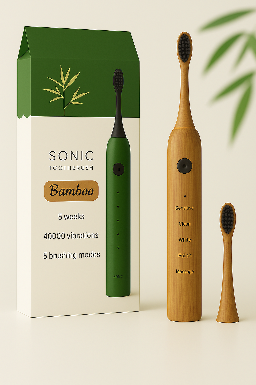 Bamboo electric toothbrush with packaging showing features