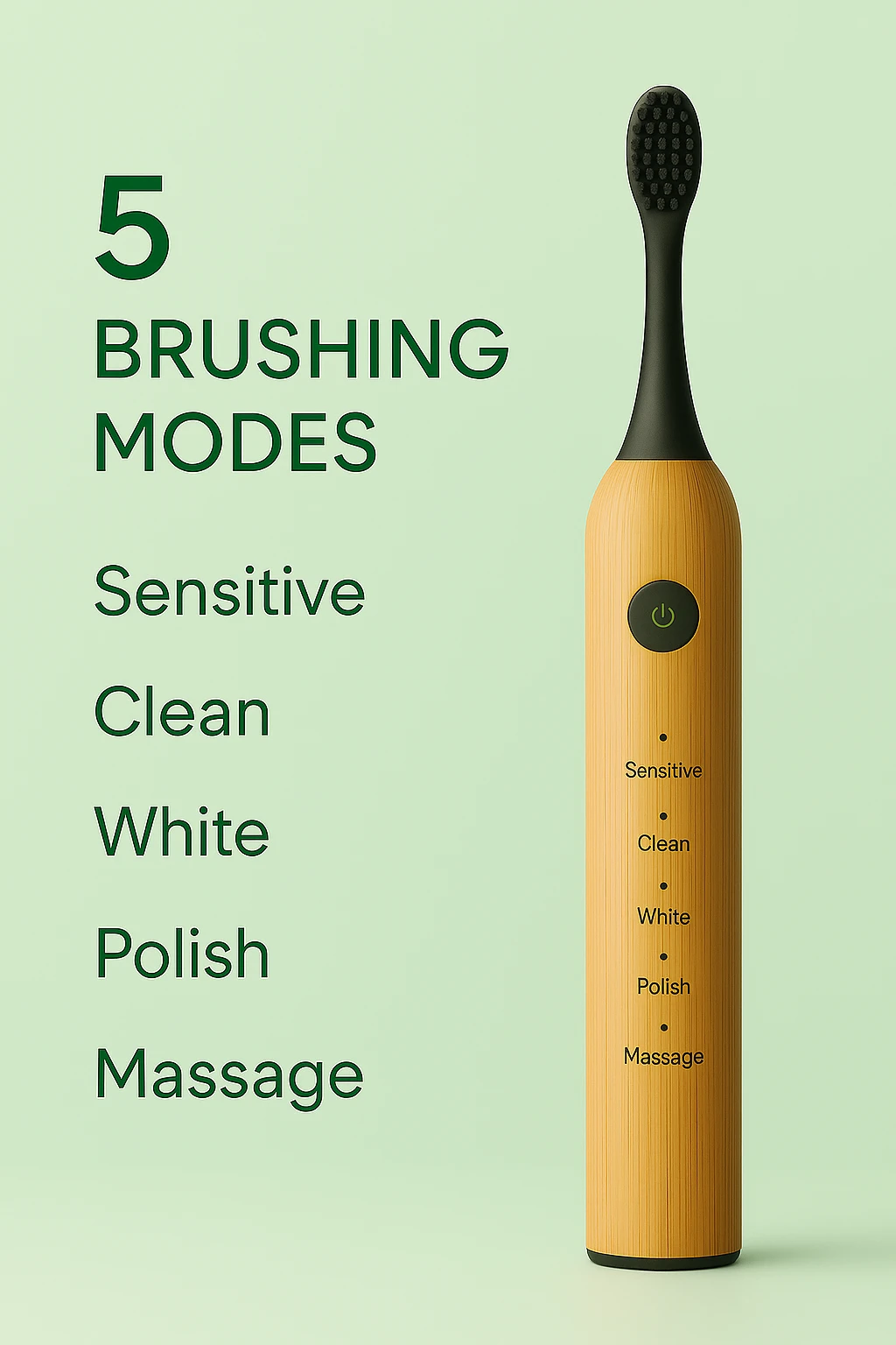 Bamboo electric toothbrush with text showing 5 brushing modes