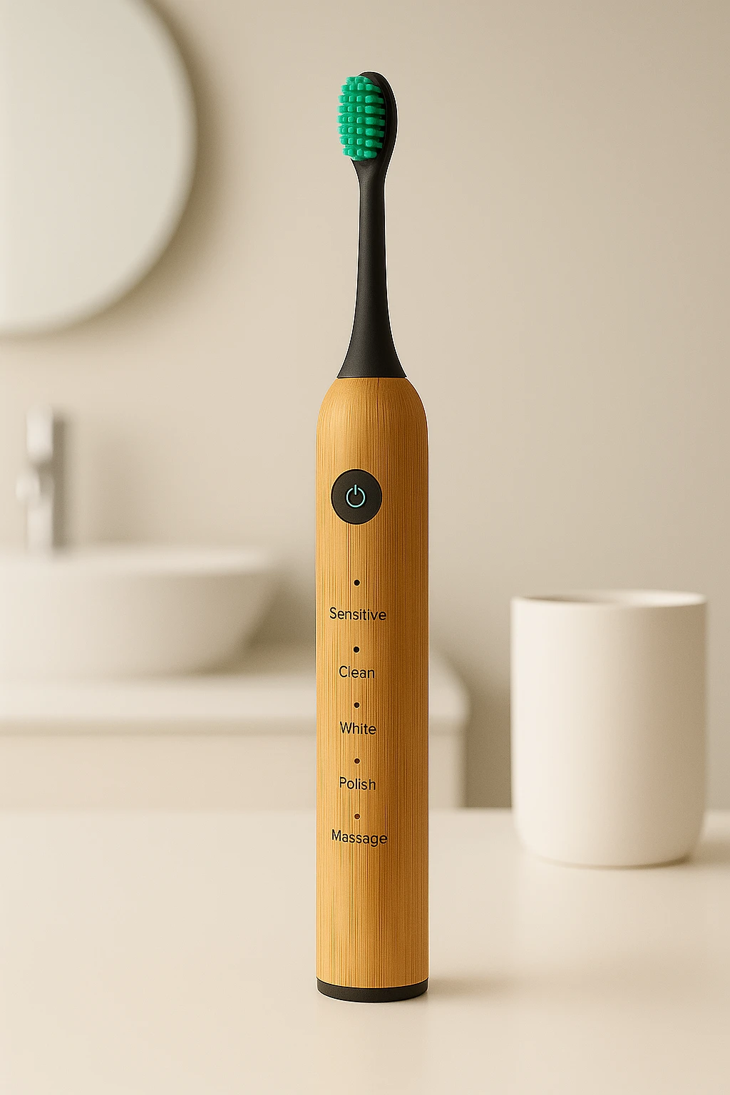 Standalone bamboo electric toothbrush on white counter near bathroom sink